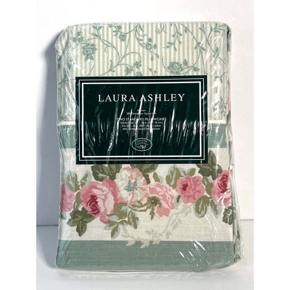 VTG Laura Ashley Cottage Rose Standard Pillowcase Set 2 Pink Green Stripe NIP